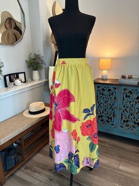Bright Floral Maxi Skirt in Yellow with Pink & Red Blooms